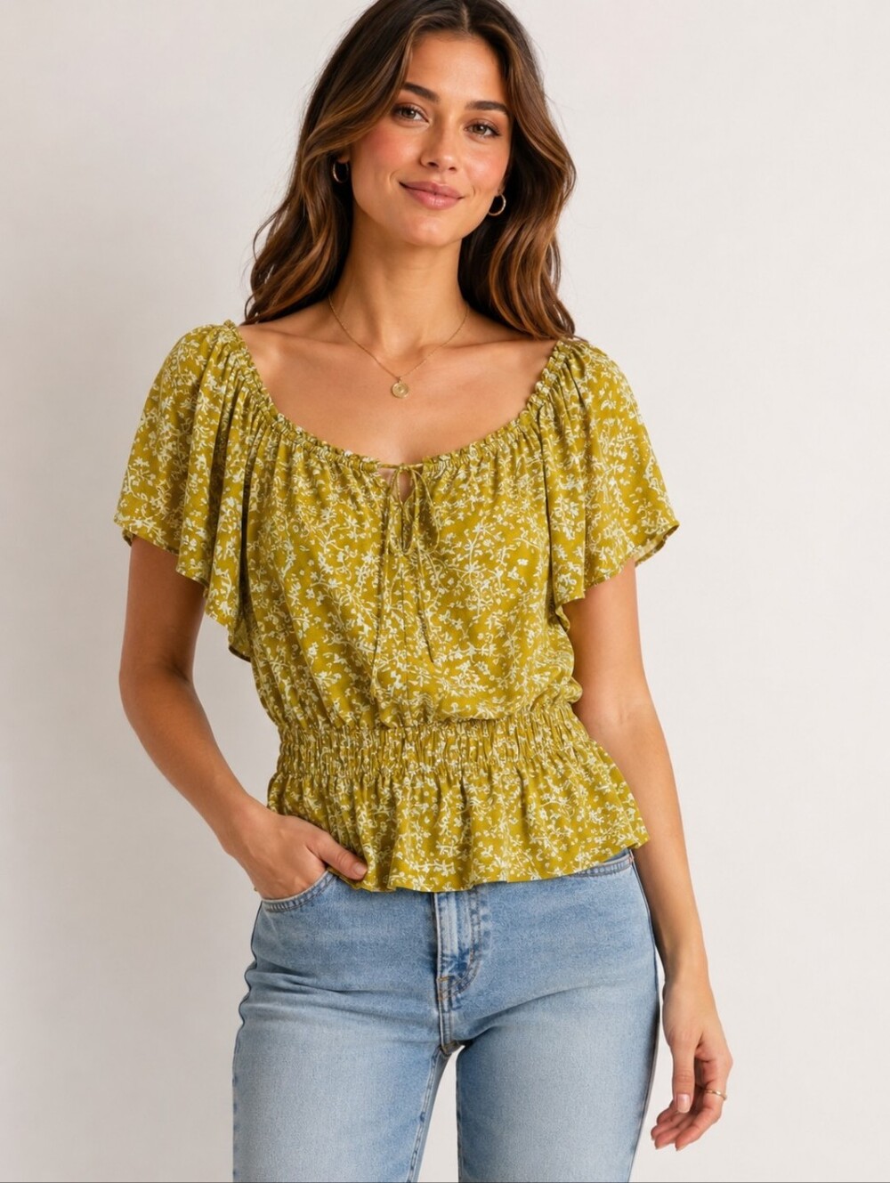 Lucky Brand Mustard Floral Smocked Peasant Top